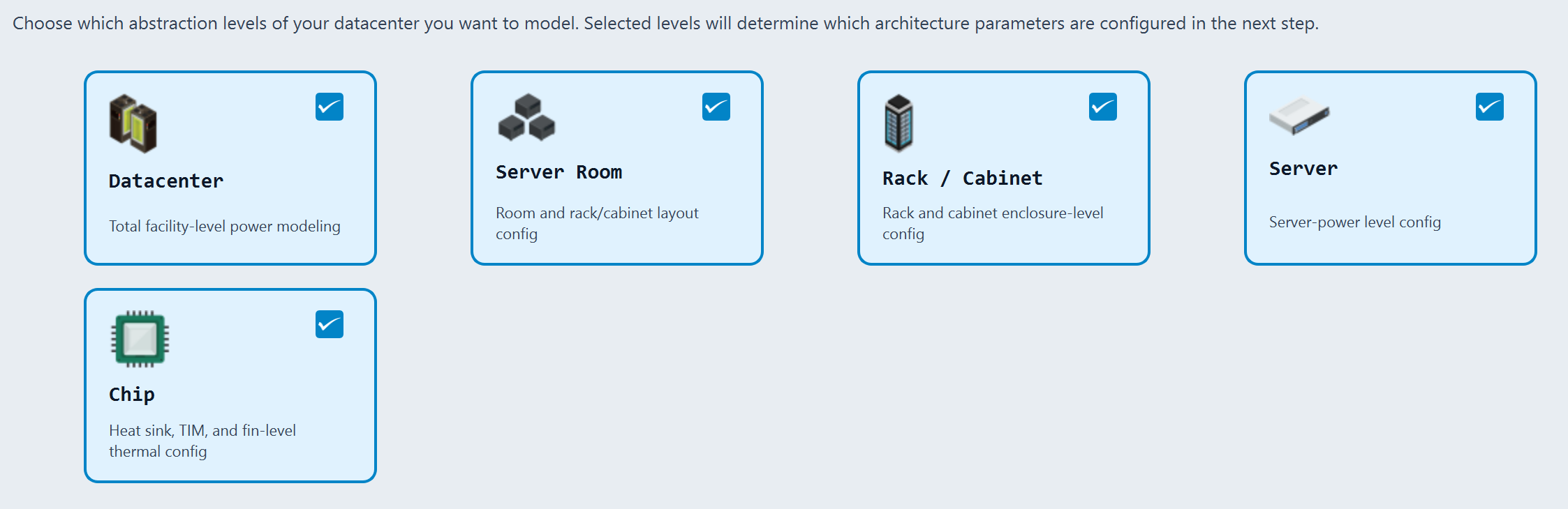 Sinkpath level selection screen. Five checkable cards, all selected: Datacenter for total facility-level power modeling, Server Room for room and rack or cabinet layout, Rack or Cabinet for enclosure-level configuration, Server for server-power level configuration, and Chip for heat sink, TIM and fin-level thermal configuration.